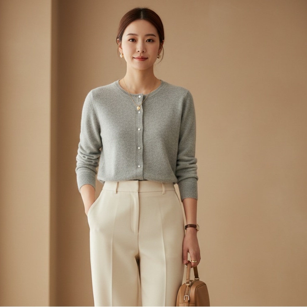 Classic Grey Crewneck Button-Front Cardigan - Women
